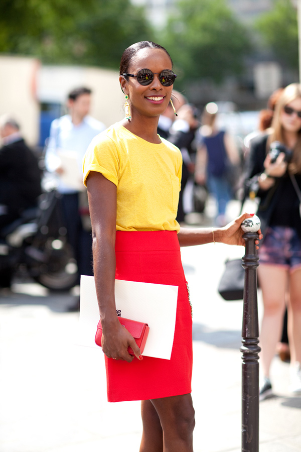 shala monroque yellow top red skirt