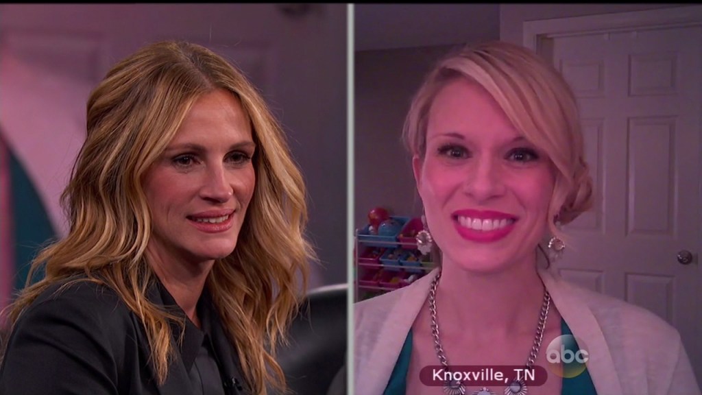 Julia Roberts during an appearance on ABC's 'Jimmy Kimmel Live!' Julia talks about her new movie 'Secret in Their Eyes.' Jimmy introduces Julia to other Julia Roberts across America sharing there stories of their name. Featuring: Julia Roberts Where: United States When: 13 Nov 2015 Credit: Supplied by WENN.com **WENN does not claim any ownership including but not limited to Copyright, License in attached material. Fees charged by WENN are for WENN's services only, do not, nor are they intended to, convey to the user any ownership of Copyright, License in material. By publishing this material you expressly agree to indemnify, to hold WENN, its directors, shareholders, employees harmless from any loss, claims, damages, demands, expenses (including legal fees), any causes of action, allegation against WENN arising out of, connected in any way with publication of the material.**