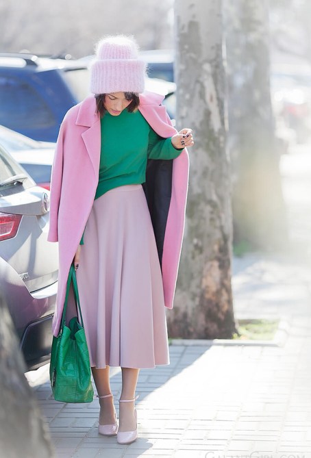 pink coat outfit pink and green hat skirt