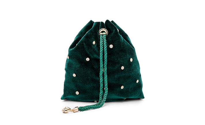 STYLECASTER | Embellished Pieces | Emerald Velvet Compact Bucket Bag with Gold Chain
