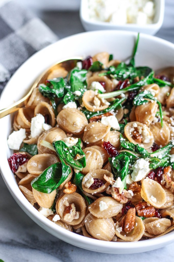 STYLECASTER | 17 Easy Whole Grain Pasta Recipes That Don't Suck | Balsamic Orecchiette with Spinach, Craisins, and Feta