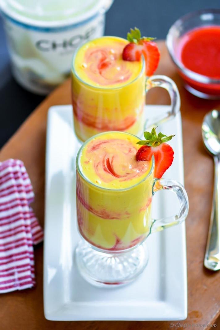 STYLECASTER | 17 High-Protein Smoothies With No Protein Powder | Mango Strawberry Swirl Smoothie