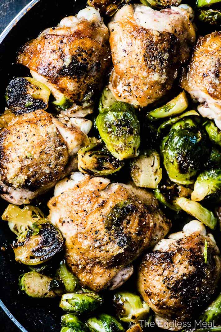 STYLECASTER | Easy Weeknight Chicken Recipes That Are Perfect for Fall | Crispy Garlic Butter Chicken and Brussels Sprouts