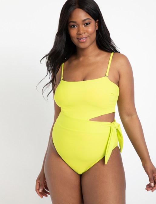 STYLECASTER | 2020 Swimwear Trends | neon side tie cut-out swimsuit