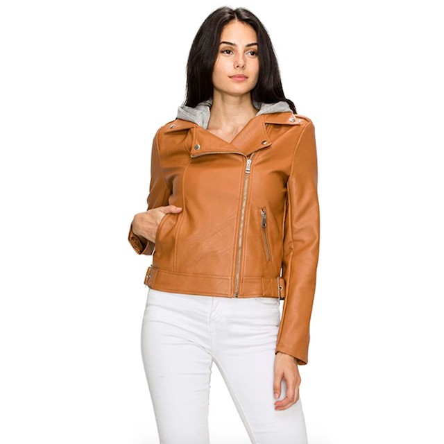 Lock and Love Women's Removable Hooded Faux Leather Jacket