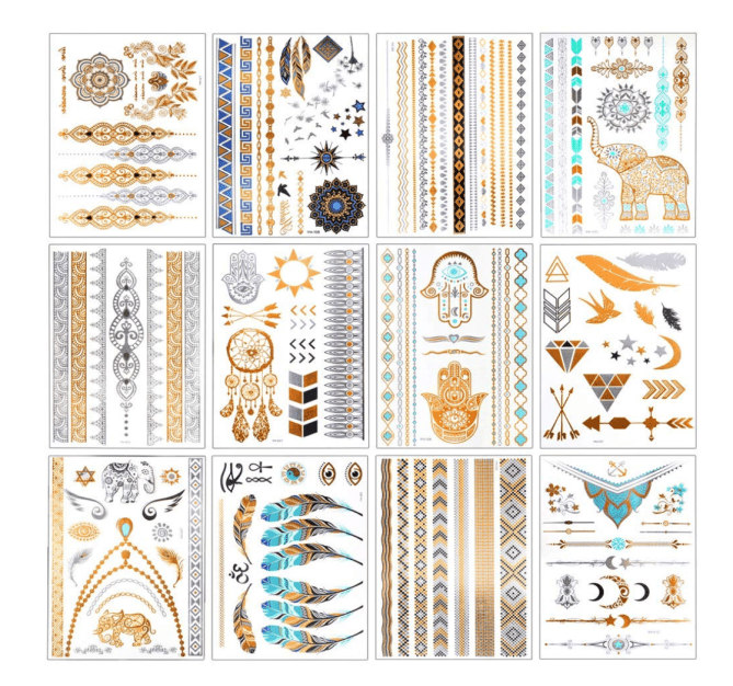 12 Sheets Metallic Temporary Tattoos