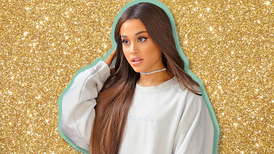 STYLECASTER | Ariana Grande Gold Glitter Versace Dress