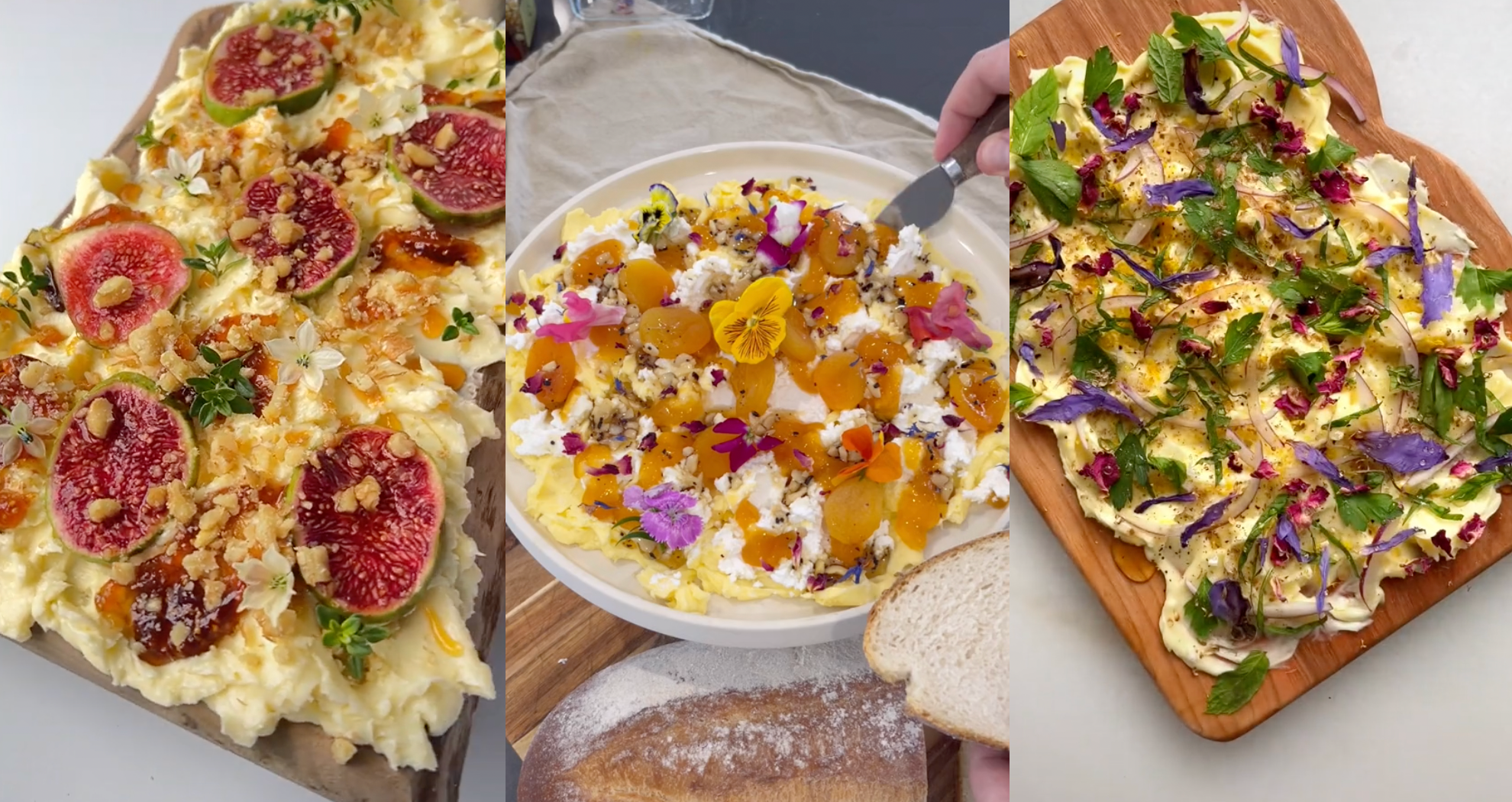 Three butter boards topped edible flowers, honey drizzles, and other ingredients