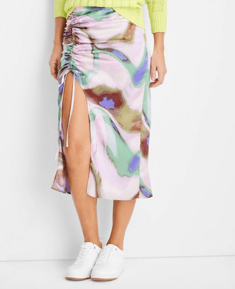 Marbled Silk Curved Hem Midi Skirt