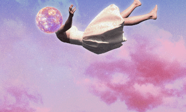 A woman with planet Mercury for a head, rising and fallowing over a pink and lavender twilight sky