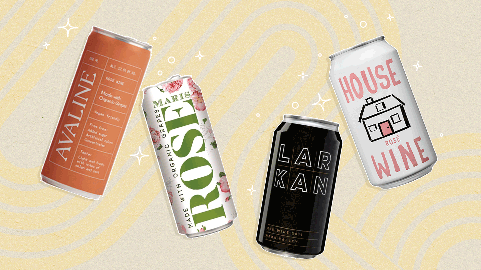 Four canned wines on a graphic background