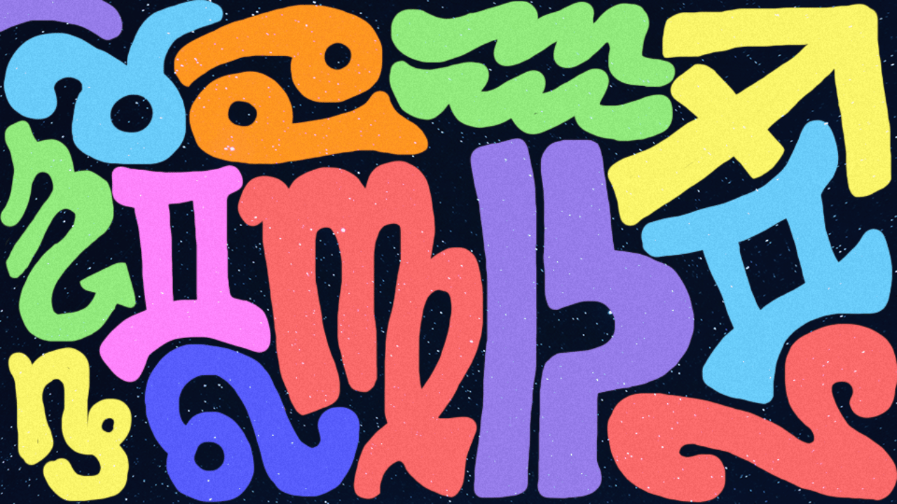 Each of the zodiac glyphs in balloon font and various colors