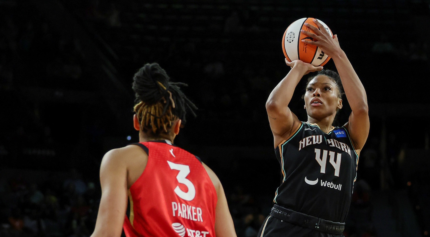Betnijah Laney #44 of the New York Liberty shoots in front of Candace Parker #3 of the Las Vegas Aces in the second quarter of their preseason game at Michelob ULTRA Arena on May 13, 2023 in Las Vegas, Nevada.