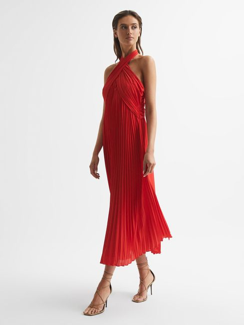Reiss Roya Halter Neck Pleat Midi Dress