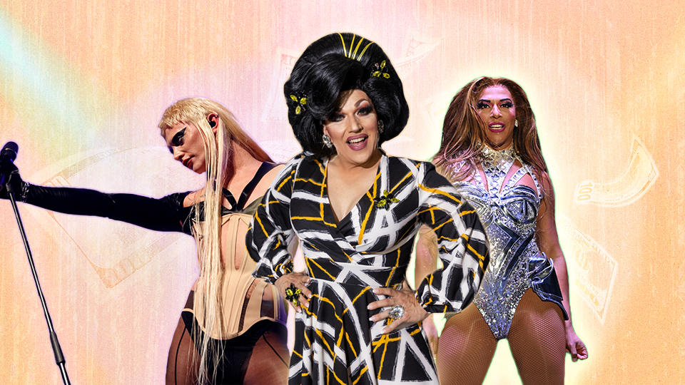 Collage graphic of three drag perfomers.