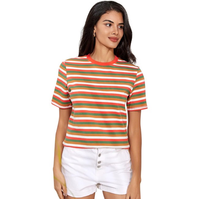 VEIISAR Womens Crew Neck T Shirt Colorful Stripes Tee Tops
