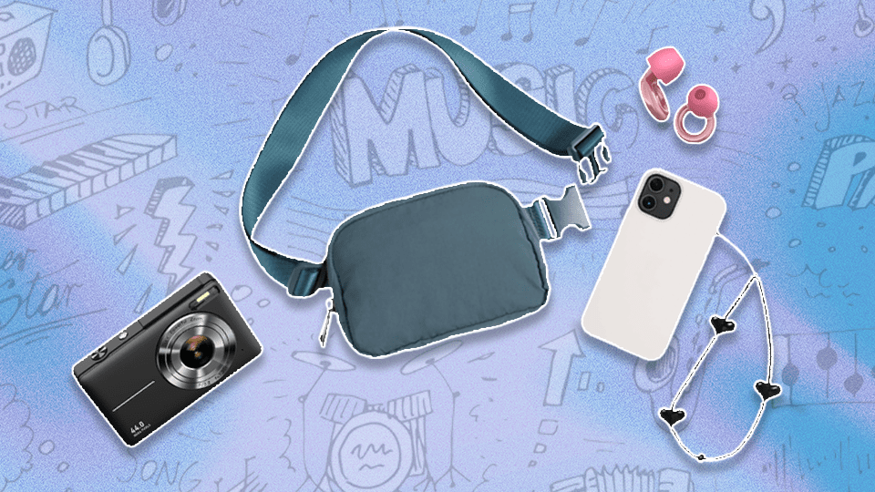 Left to Right: a black CAMKORY digital camera, a teal ODODOS small belt bag, pink Loop ear plugs, and a black String Ting phone strap.