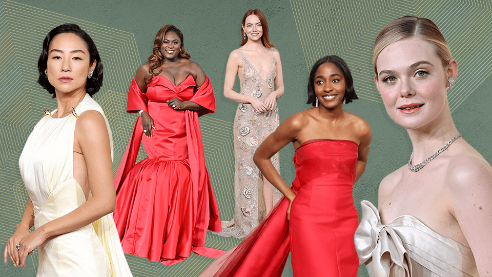A collage of celebrities in red and beige gowns