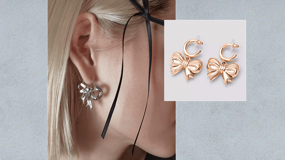 A model wearing Sandy Liang bow hoop earrings, collaged next to a pair of Target bow hoop earrings