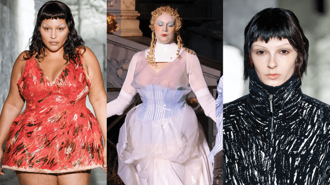 A collage of three different models at runway shows with pencil thin eyebrows