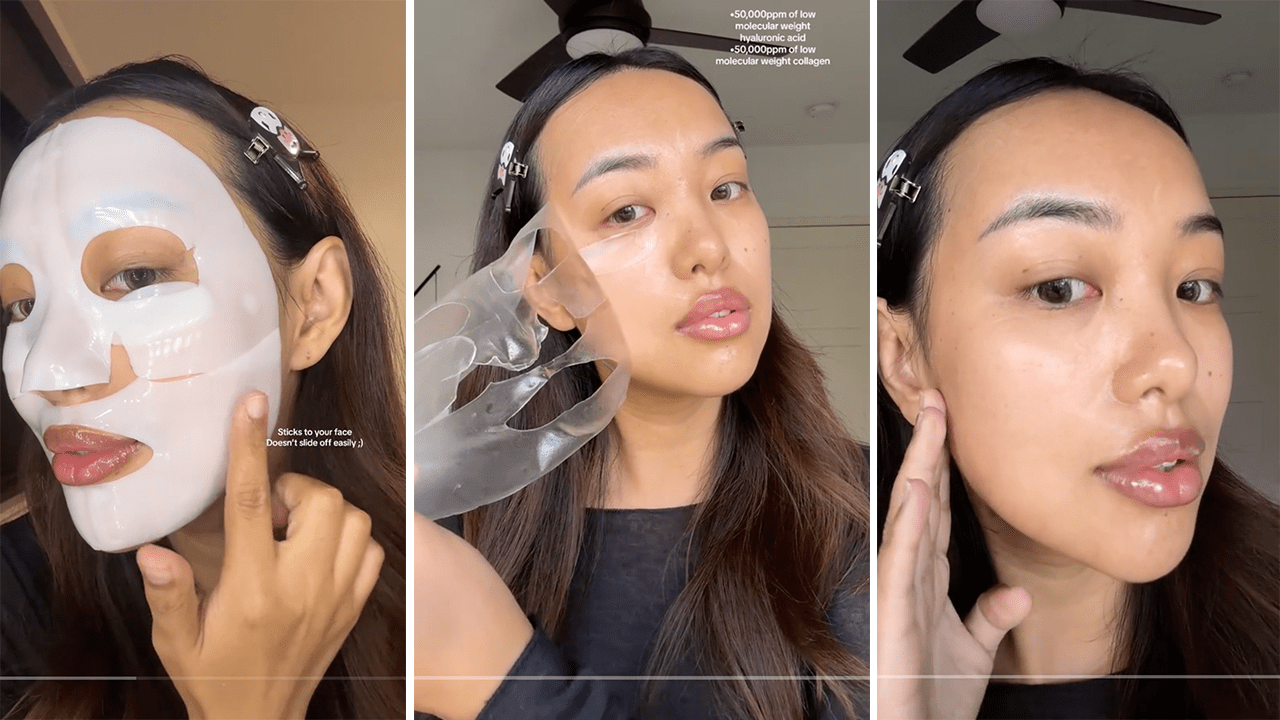 A TikToker wearing and removing Biodance's collagen face sheet mask