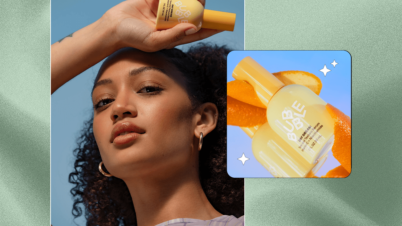 Model holding Bubble Skincare's Day Dream Vitamin C Serum and a product shot of the face serum