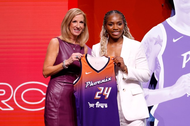 NEW YORK, NEW YORK - APRIL 15: Charisma Osborne (R) poses with WNBA Commissioner Cathy Engelbert (L) after being selected 25th overall pick by the Phoenix Mercury during the 2024 WNBA Draft at Brooklyn Academy of Music on April 15, 2024 in New York City.