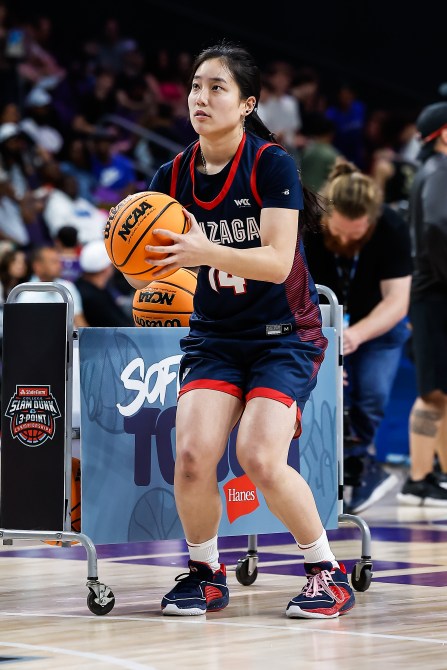 PHOENIX, AZ - APRIL 04:  Gonzaga guard Kaylynne Truong (14) shoots during the Hanes Women's 3-Point Shooting Championship on April 4, 2024 at Global Credit Union Arena in Phoenix, Arizona.