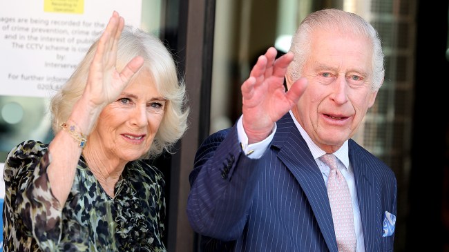  King Charles III and Queen Camilla wave as they arrive at the University College Hospital Macmillan Cancer Centre on April 30, 2024 in London, England. This visit raises awareness of the importance of early diagnosis and will highlight some of the innovative research, supported by Cancer Research UK, which is taking place at the hospital. The visit also marks His Majesty’s first day as the new Patron of Cancer Research UK.