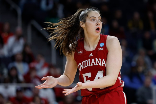 Mackenzie Holmes #54 of the Indiana Hoosiers reacts during the second half against the South Carolina Gamecocks in the Sweet 16 round of the NCAA Women's Basketball Tournament at MVP Arena on March 29, 2024 in Albany, New York