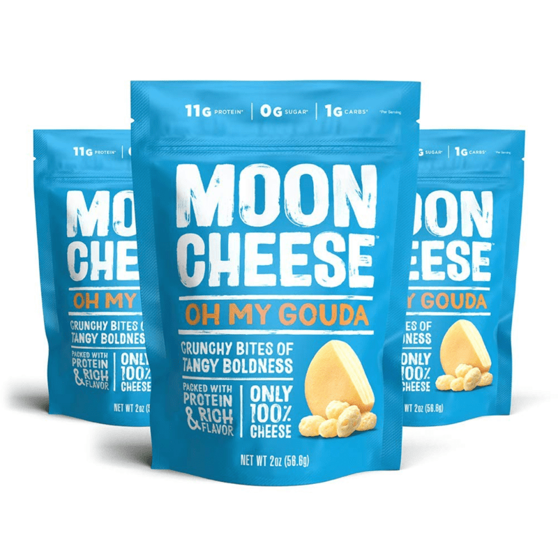 Three bags of Moon Cheese, a cheese-flavored crunchy snack