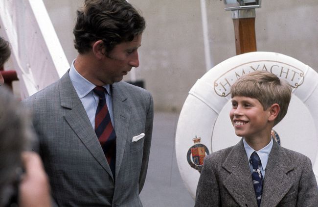 Prince Edward smiles at his older brother Prince Charles, Prince of Wales as they disembark from the Royal Yacht Britannia to attend the Olympic Games on July 01, 1976 in Montreal, Canada.