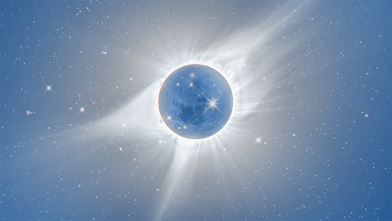 StyleCaster | The total solar eclipse in Aries during April 2024 over a bright blue background with stars twinkling