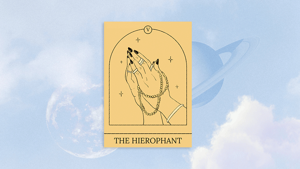 A gif that is flipping through a series of yellow Tarot cards in front of a cosmic sky