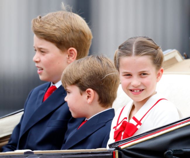 Prince George of Wales, Prince Louis of Wales and Princess Charlotte of Wales depart Buckingham Palace in a horse drawn carriage to attend Trooping the Colour on June 17, 2023 in London, England. Trooping the Colour is a traditional military parade held at Horse Guards Parade to mark the British Sovereign's official birthday. It will be the first Trooping the Colour held for King Charles III since he ascended to the throne.