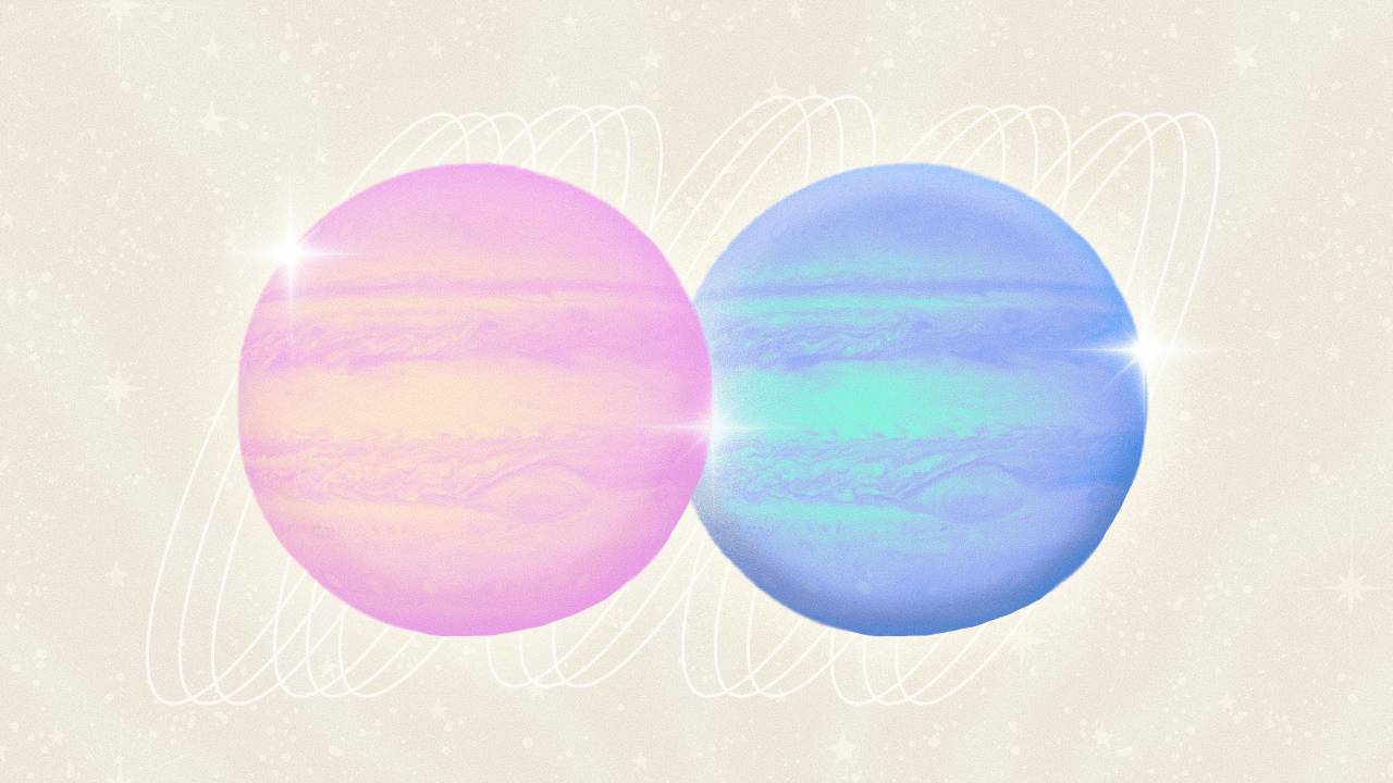 Two Jupiter planets standing side by side, in representation of the dualistic nature of Jupiter in Gemini 2024