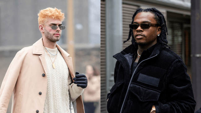 Left: A guest wears sunglasses, a necklace, a white wool knitted pullover, a beige jacket , black and white flowing flared pants, leather shoes, leather gloves, outside Rolf Ekroth, during the Copenhagen Fashion Week AW24 on January 30, 2024 in Copenhagen, Denmark. Right: Gunna wears black jacket, velvet shorts, sunglasses Saint Laurent outside Sacai during the Menswear Fall/Winter 2024/2025 as part of Paris Fashion Week on January 21, 2024 in Paris, France.