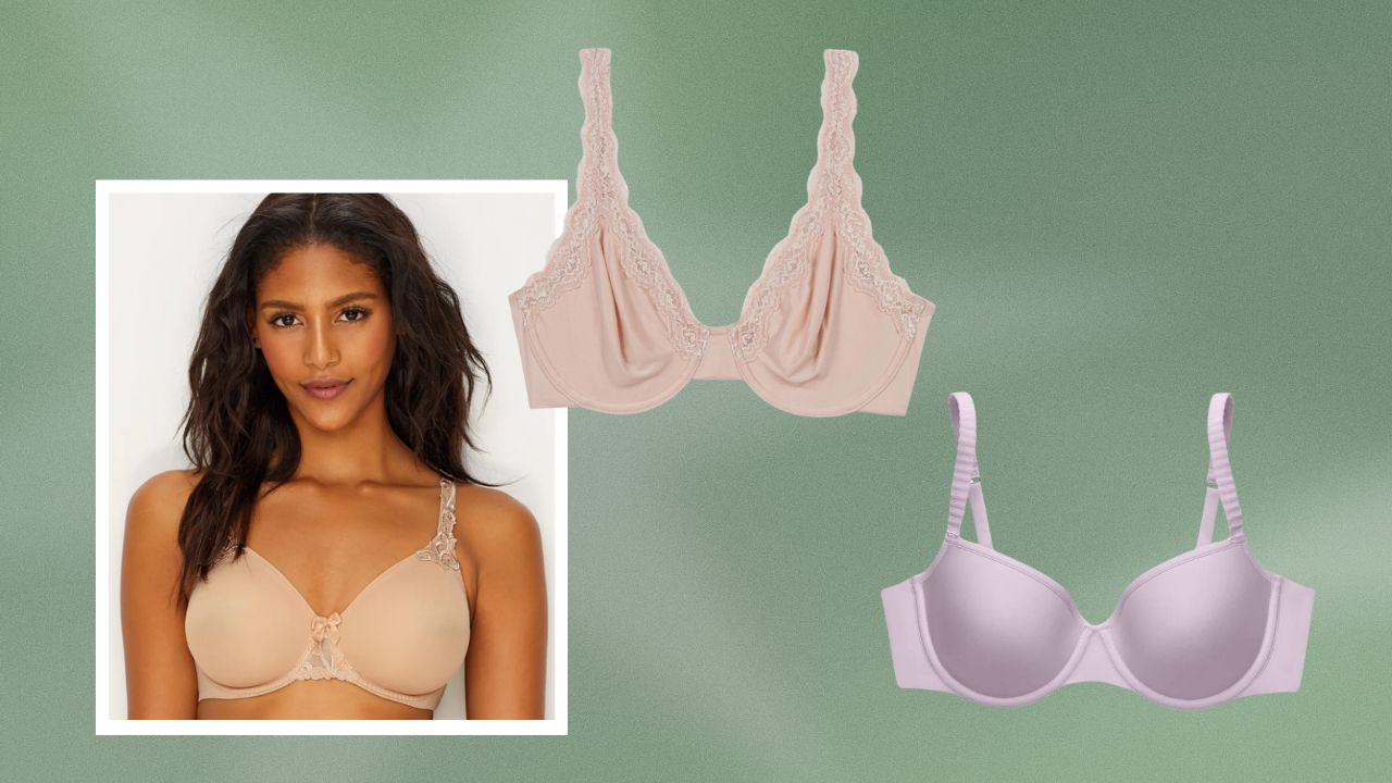 From left to right: A woman wearing a beige colored bra, a light pink lace bra, a lavender push-up bra.