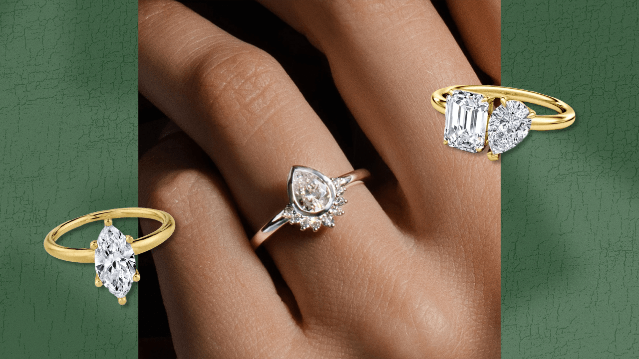 Three engagement ring styles, including a marquise diamond and toi et mois setting