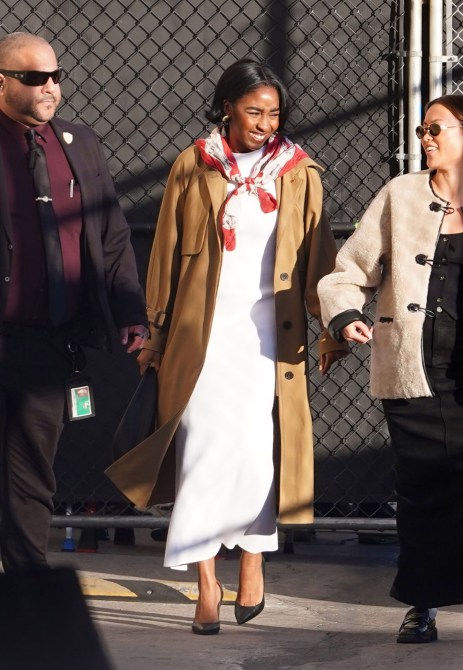 Ayo Edebiri is seen arriving at 'Jimmy Kimmel Live!' on January 10, 2024 in Los Angeles, California.