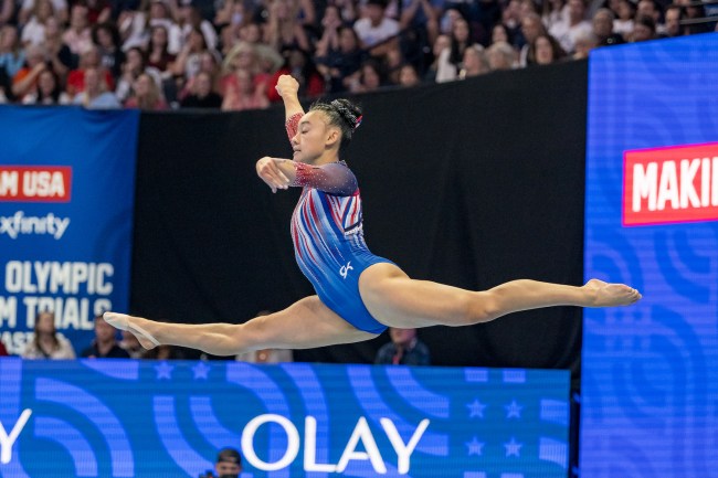Leanne Wong on floor on Day Two of the 2024 U.S.Olympic Team Gymnastics Trials at Target Center on June 28, 2024 in Minneapolis, Minnesota.