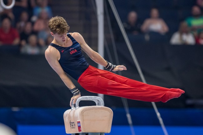 Patrick Hoopes on pommel horse on Day One of the 2024 U.S. Olympic Team Gymnastics Trials at Target Center on June 27, 2024 in Minneapolis, Minnesota.