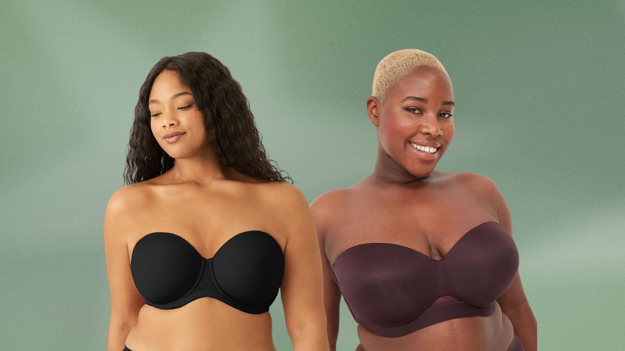 Two women wearing strapless bras over a green background