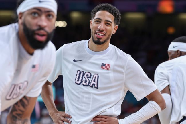 Tyrese Haliburton #9 of Team USA warms up before the Men's Group Phase - Group C match between Serbia and USA on Day 2 of the Olympic Games Paris 2024 at Stade Pierre Mauroy on July 28, 2024 in Lille, France.