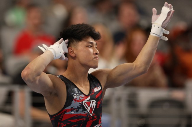 Yul Moldauer celebrates after competing on the High Bar during the 2024 Xfinity U.S. Gymnastics Championships at Dickies Arena on June 01, 2024 in Fort Worth, Texas.