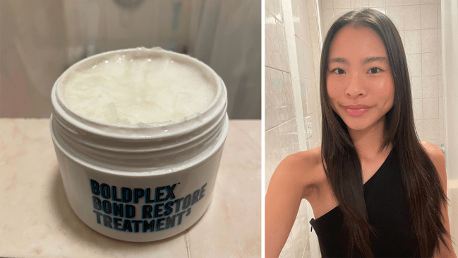 BoldPlex3 Hair Mask product shot and first-person editor review selfie.