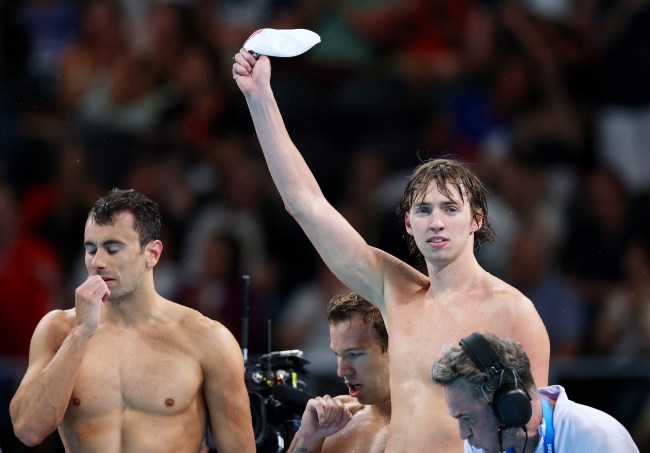 Brooks Curry of Team United States (R) reacts after competing in the Men’s 4x200m Freestyle Relay Heats on day four of the Olympic Games Paris 2024 at Paris La Defense Arena on July 30, 2024 in Nanterre, France.