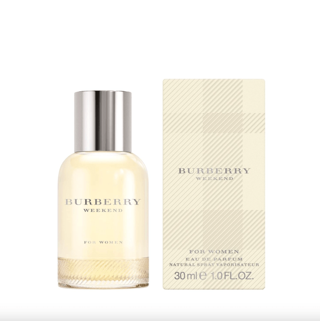 Burberry Weekend Eau de Parfum in a clear bottle with a plaid stripe.
