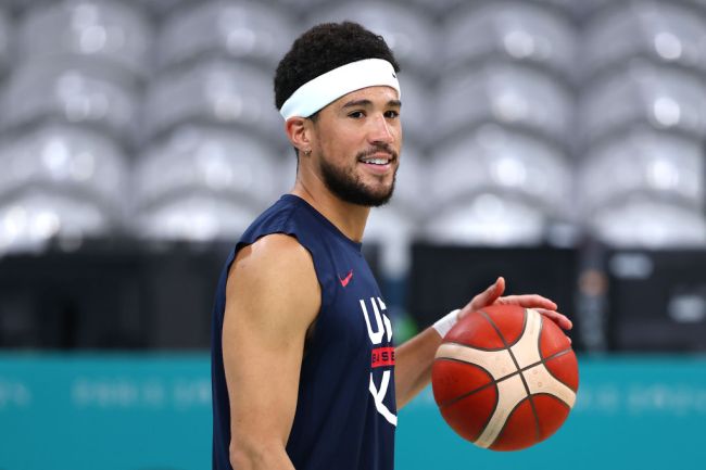 Devin Booker of Team United States looks on during the Basketball training session ahead of the Paris 2024 Olympic Games on July 24, 2024 in Lille, France.