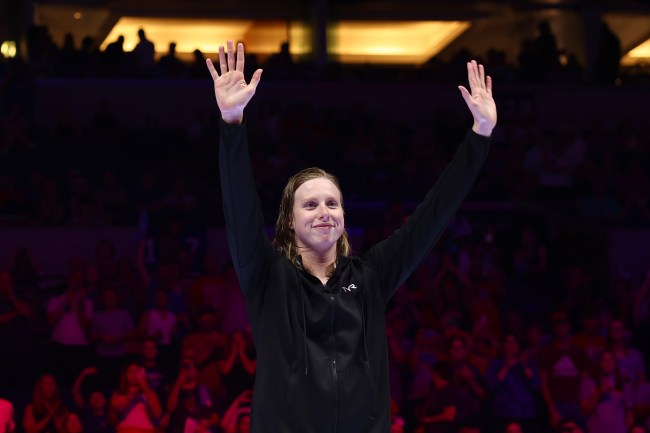 INDIANAPOLIS, INDIANA - JUNE 17: Lilly King of the United States reacts during the Women's 100m breaststroke medal ceremony on Day Three of the 2024 U.S. Olympic Team Swimming Trials at Lucas Oil Stadium on June 17, 2024 in Indianapolis, Indiana.